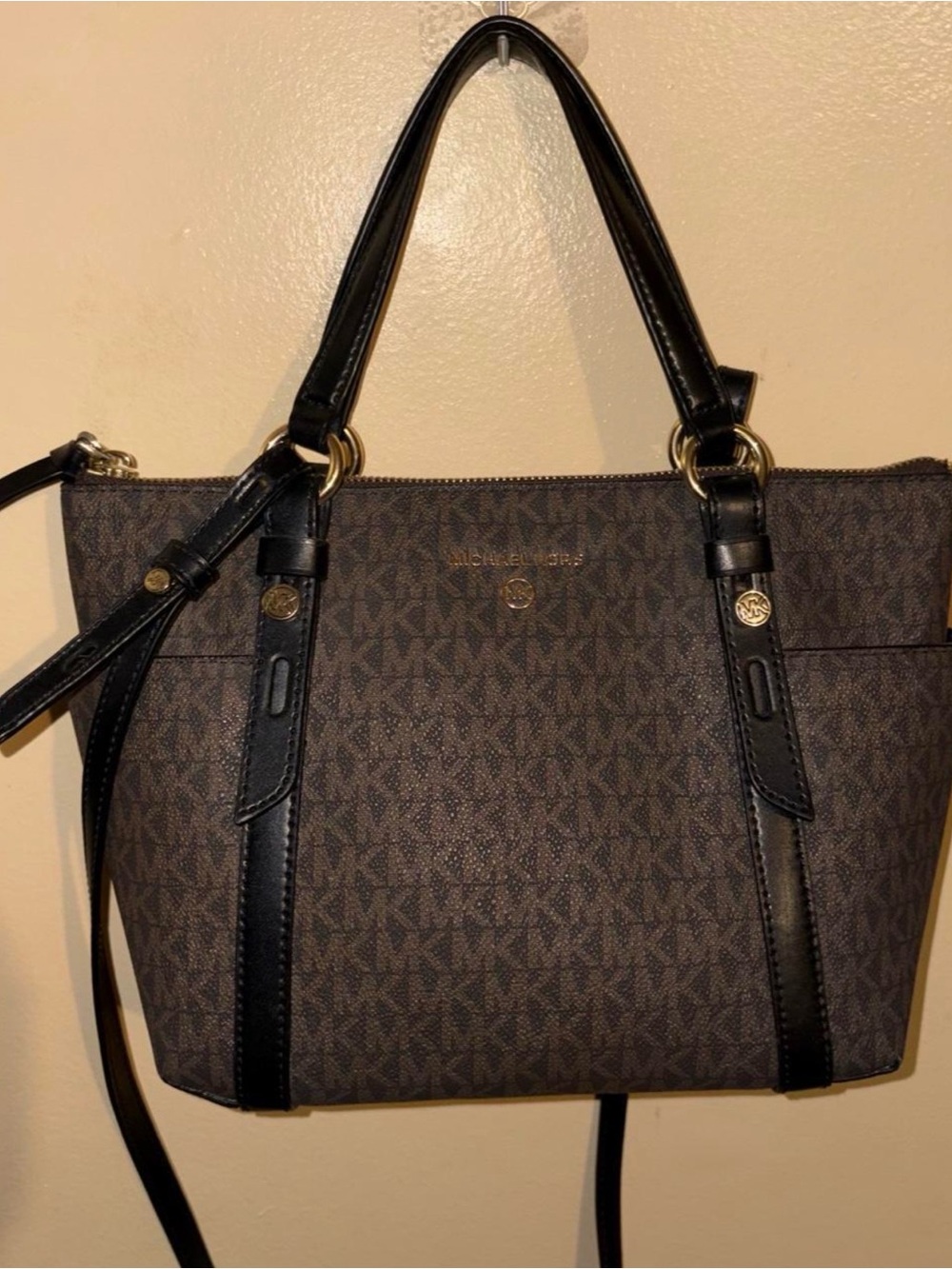 Michael Kors Brown Logo Shoulder Tote with Black Trim